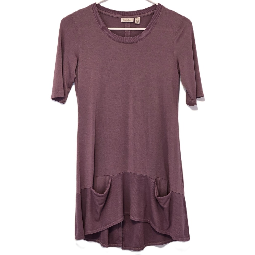 LOGO Lori Goldstein Dress XXS Purple Elbow Sleeve Tunic Pockets Hi Low Hem